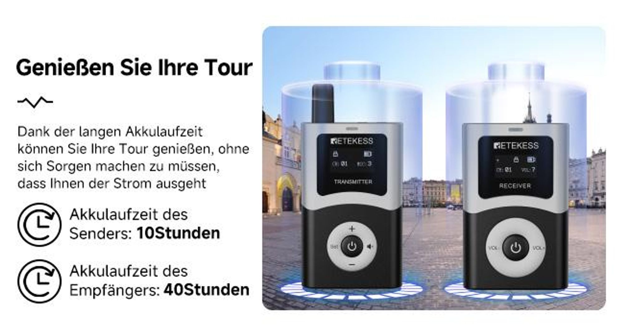 Retekess T130U Tour Guide System, Audio System mit 60-Slot-Ladekoffer, UHF, 200 m, 40 h Standby-Zeit, Mikrofon, walkie talkie