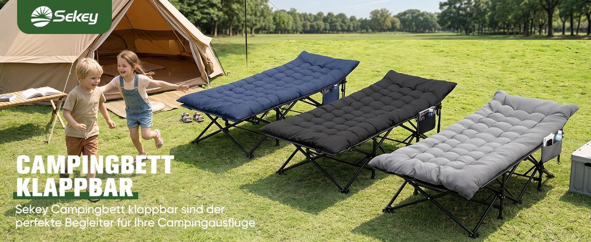 Sekey Tragbares Feldbett mit Matratze, Feldbett Klappbett Tragfähigkeit 200KG Campingbett für Indoor, Outdoor, Camping und Reisen, Blau