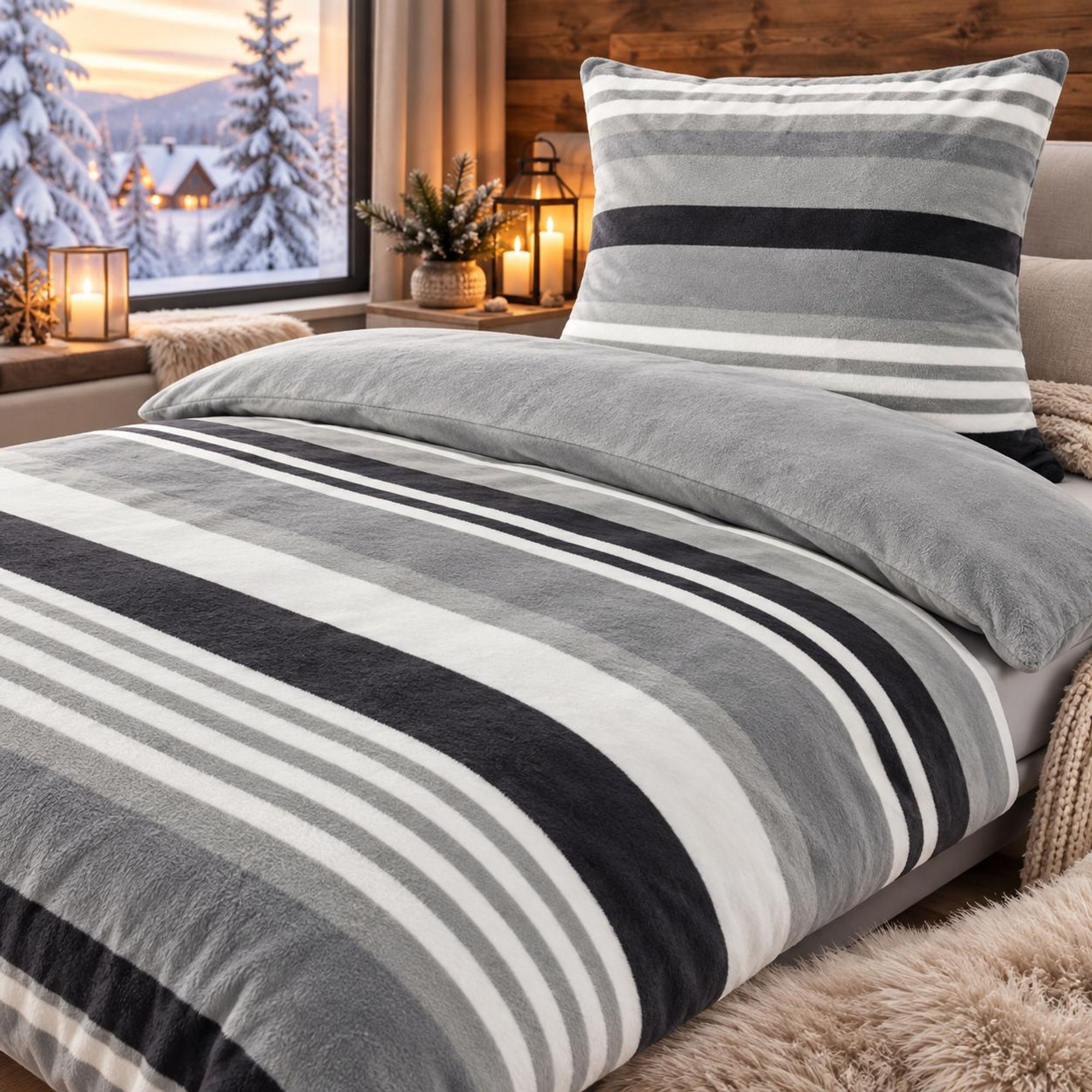 Bettwäsche Winter Flausch Cashmere Touch Uni Wende warm 2 teilig 135x200 mit RV Farbe Streifen Grau