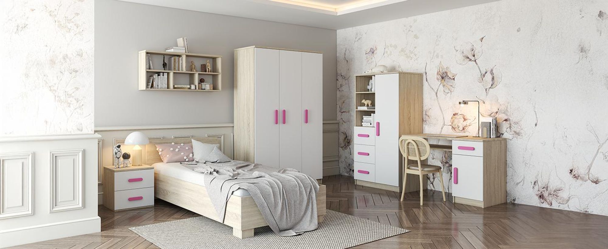 Drehtürenschrank, Kinderkleiderschrank 120 cm Sonoma Eiche/Weiß, grüne Griffe JONAS III 19