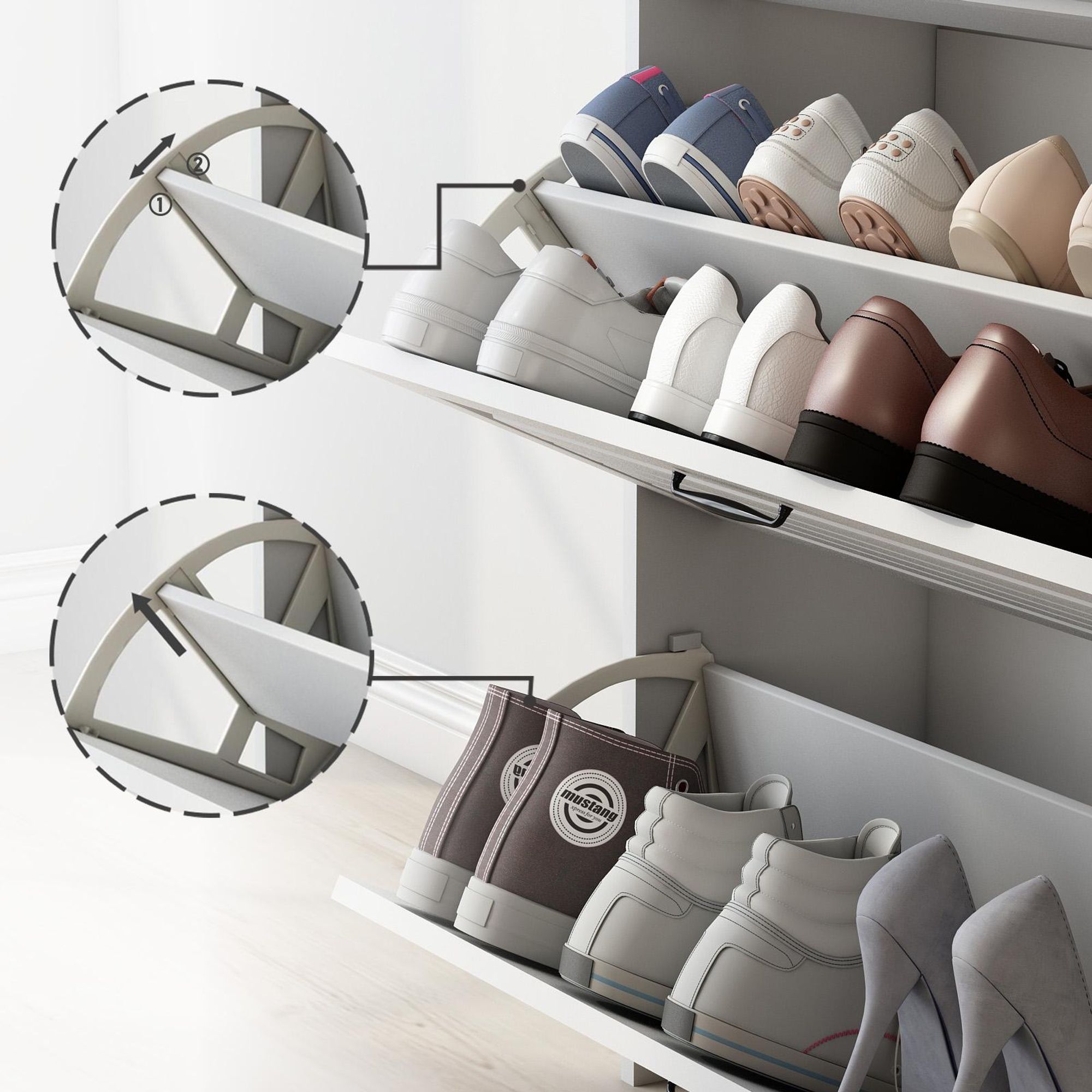 Merax Schuhschrank mit 3 Klappen, 2 Schubladen, Schuhkipper Schuhkommode mit schubladen, Schuhschrank, Schuhablage, Schuhregal, 80×23.5×131 cm, Weiß