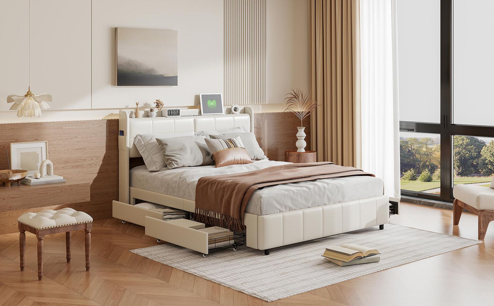 INONEFT Boxspringbett 160x200cm Polsterbett mit LED und USB,Doppelbett mit Lattenrost und 4 Schubladen, Stauraumbett Funktionsbett Samt, Beige.