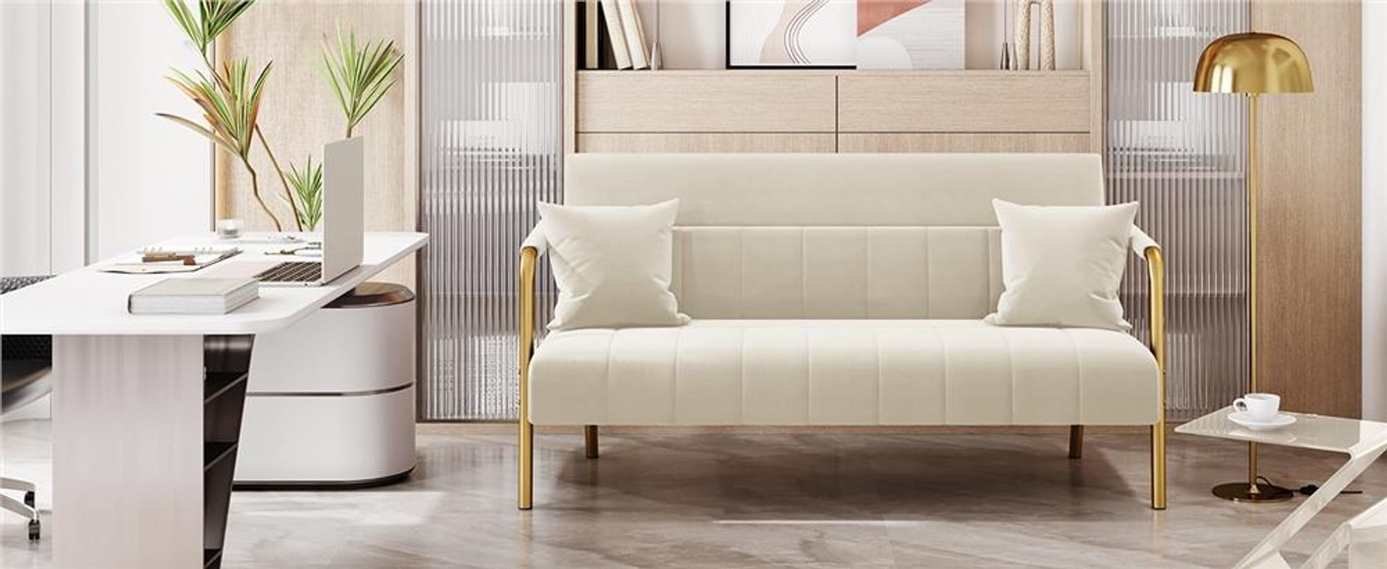 Yaheetech 2-Sitzer Polstersofa für Wohnzimmer, mit Armlehnen & Metallbeinen, Doppelsofa mit 2 Kissen, Beige