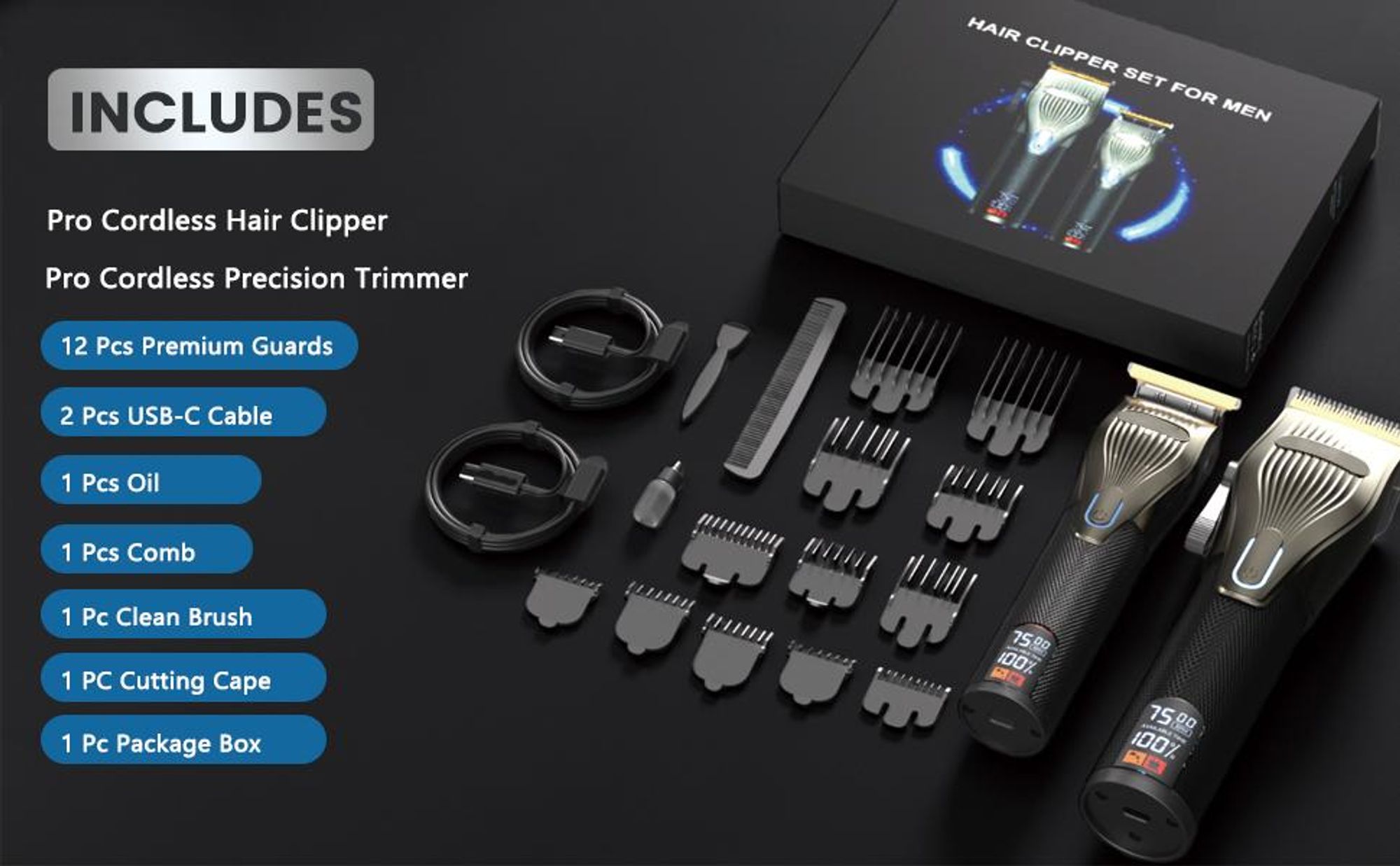 Profi Haarschneidemaschine Set 2 in 1, 270Min Laufzeit, LED Display, Keramik Klinge, USB-C, 12 Aufsätze, 4 Gänge, Haarschneider & Bartschneider Herren
