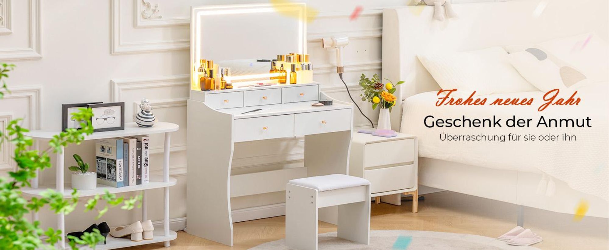 Schminktisch mit Spiegel und LED, 5 Schubladen, 80 x 40 x 135 cm mit Hocker Steckdosen+verstellbaren LED-Beleuchtung, weiß