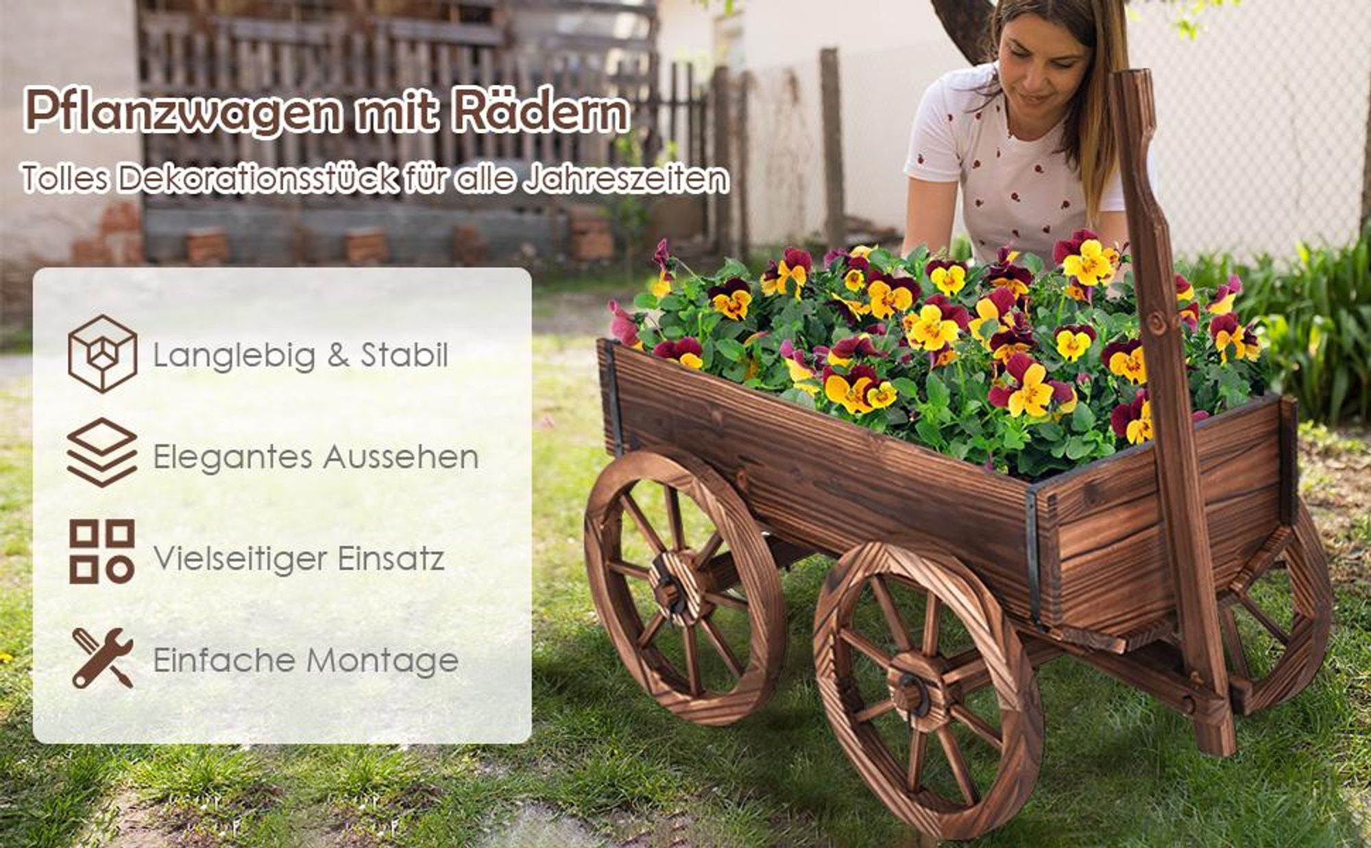 COSTWAY Pflanzwagen Holz mit 4 Rädern, Blumenwagen mit verstellbarem Griff & Drainagelöchern, Blumenkarre, Garten Dekoration, 120x43x53,5cm, Braun