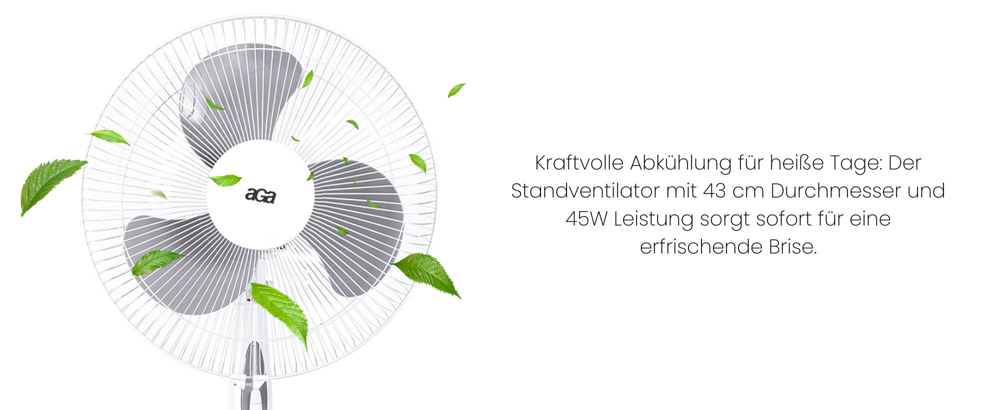 Aga Standventilator 43 cm Weiß, 3-Geschwindigkeitsstufen, Oszillation, Verstellbare höhe, 45 W