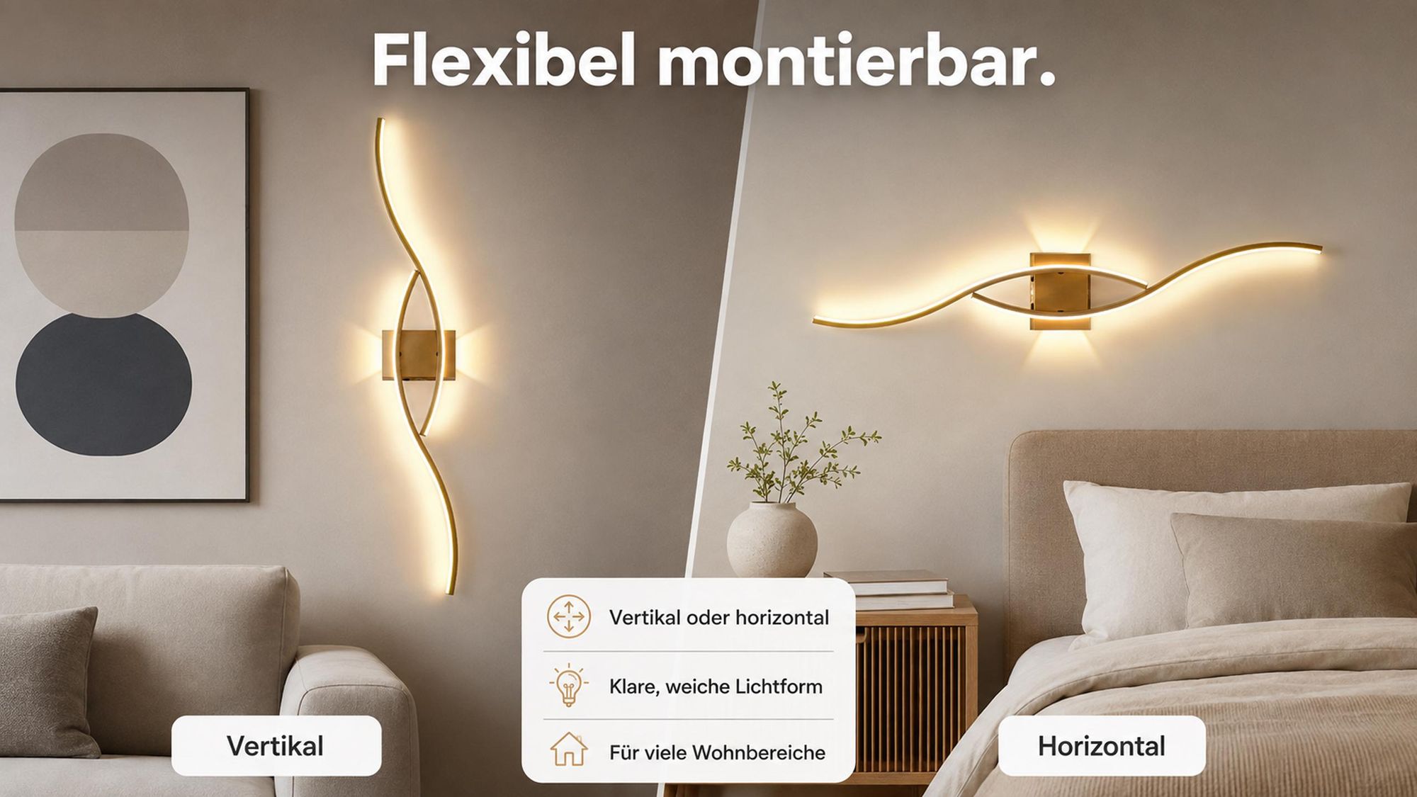 Akku Wandleuchte Innen 100cm 1Stk, Kabellos Wandlampe Gold mit Fernbedienung & Schalter 10000mAh Dual-Seitenlicht Flur Treppenhaus Schlafzimmer