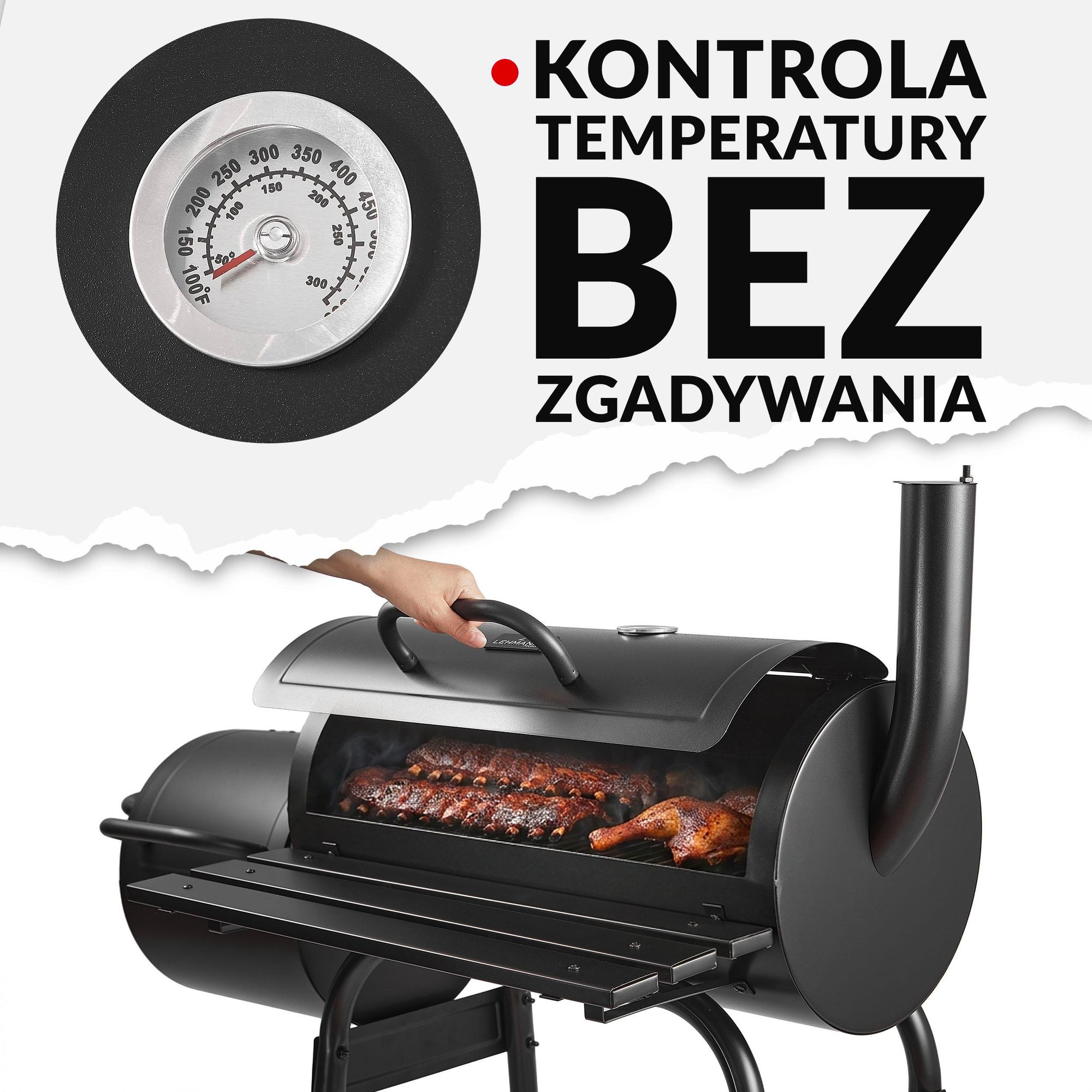 Grill wędzarniowy i węglowy LEHMANN 2 w 1 – 2 komory, pokrywa, wbudowany termometr i uchwyt odporny na wysoką temperaturę, kolor czarny