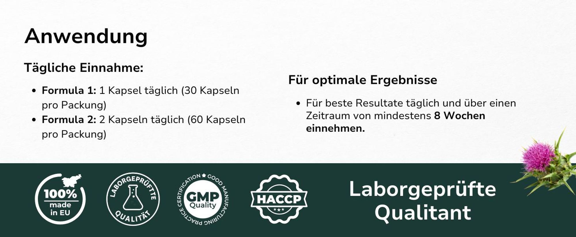 Tägliche Einnahme von Formel 1 und Formel 2 sowie Qualitätssiegel