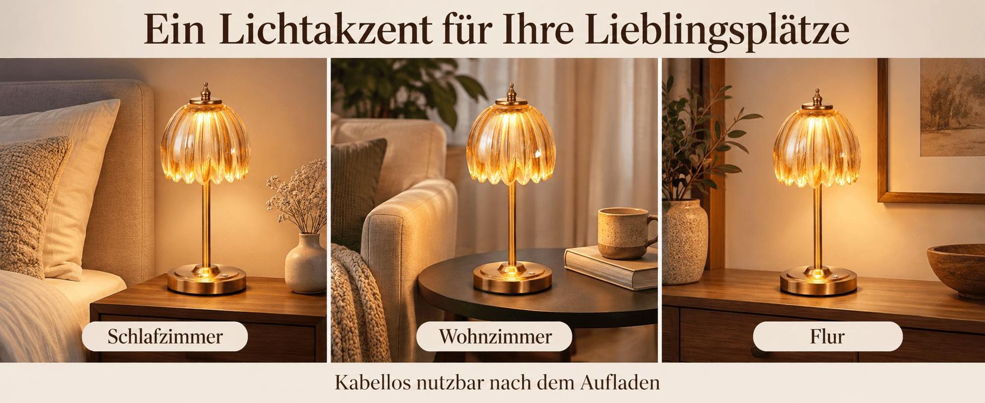 Akku-Tischlampe mit bernsteinfarbenem Glasschirm, Touch-Steuerung, 3 Lichtfarben, stufenlos dimmbar, USB-C, 34 cm, für Schlafzimmer und Wohnzimmer