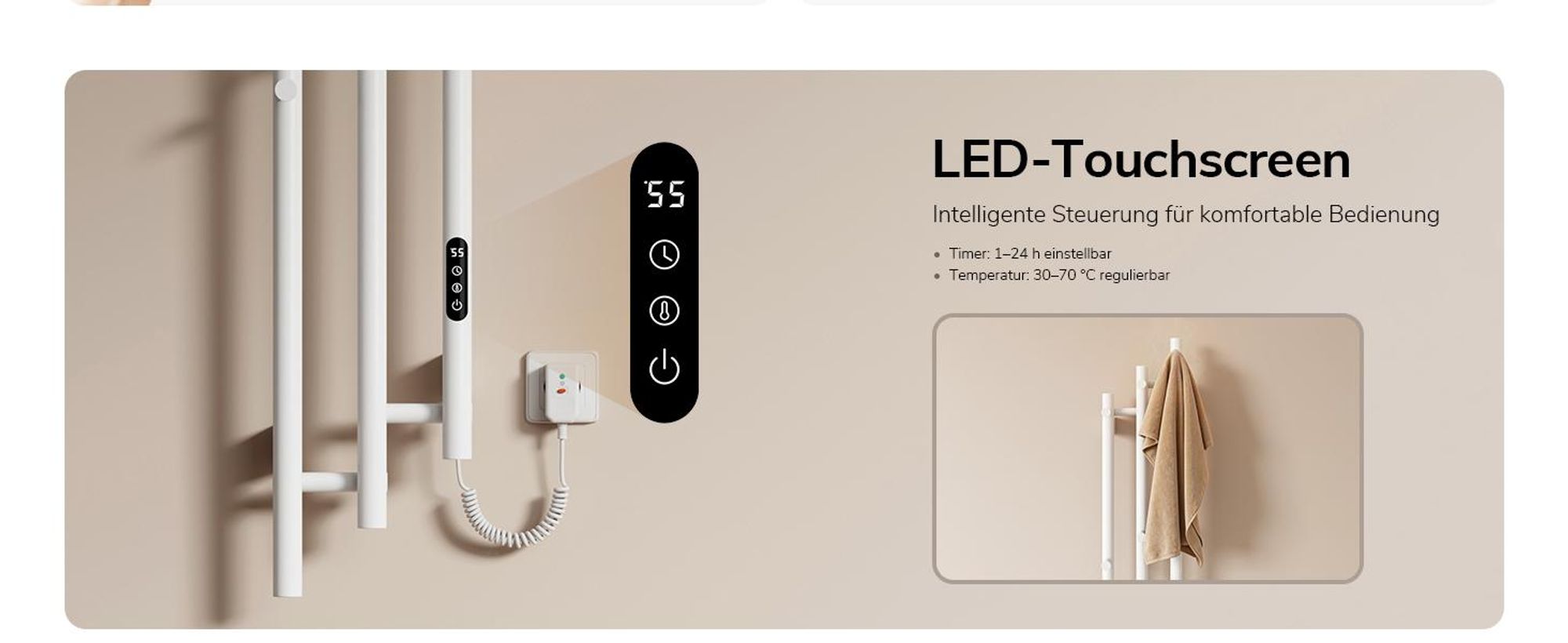 EMKE Elektrischer Handtuchheizkörper WLAN-App Steuerung mit Wochenprogramm LED Touchscreen Kompakt 3-Rohr Handtuchtrockner 115x21,6cm 220W Weiß