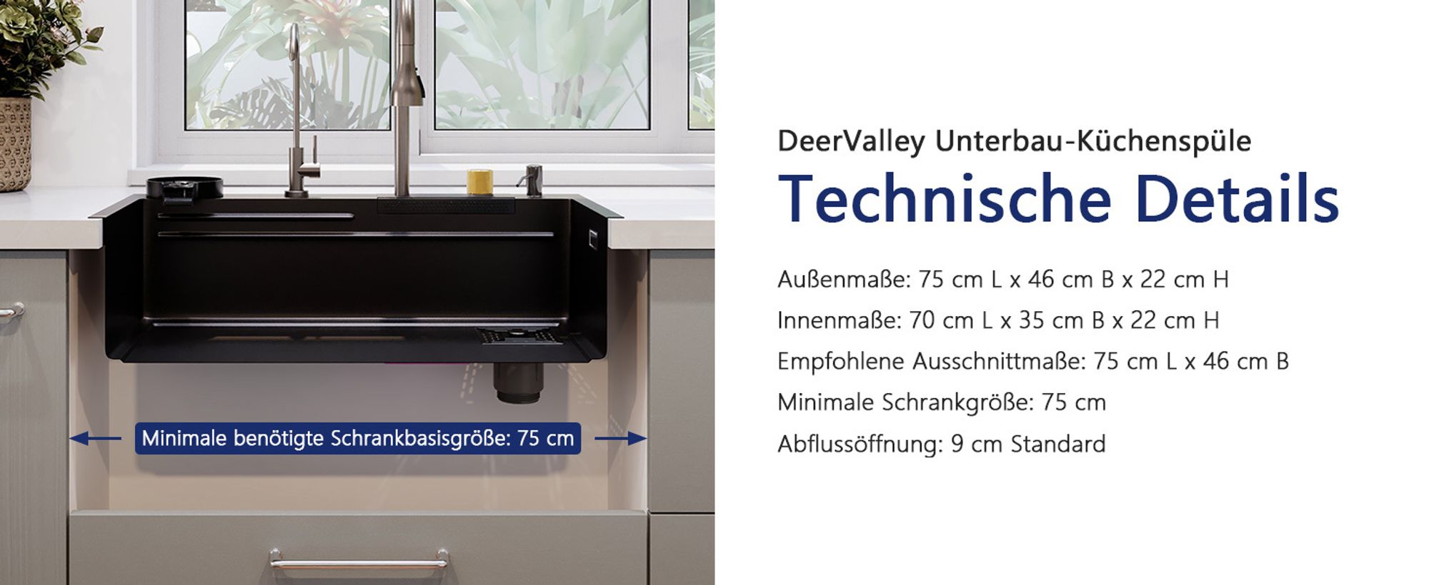 DeerValley Schwarzgrau Edelstahl Küchenspüle mit Ausziehbarem Wasserhahn und Raindance Wasserfall-Spülbecken, Großes Spülbecken (74.9 cm L x 45.7 cm B