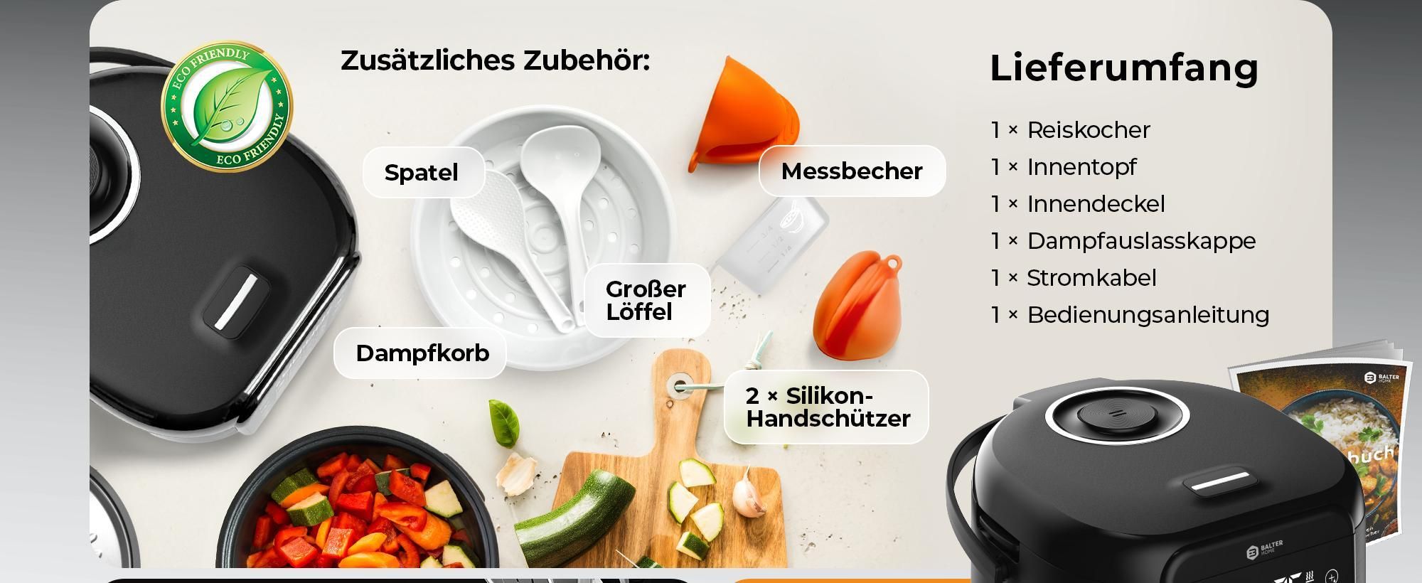 Balter Reiskocher, Multikocher, 4L mit 20 Programmen & Warmhaltefunktion, Dampfgarer, Touch-Bedienfeld, Fuzzy Logic, Premium-Topf, Klein, Schwarz
