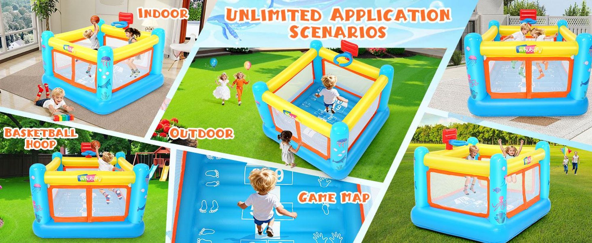 Hüpfburg für Kinder 170x170x112cm mit Basketball & Spielkarte,Hüpfburgen Aufblasbar Indoor/Outdoor für 3-6 Jahre
