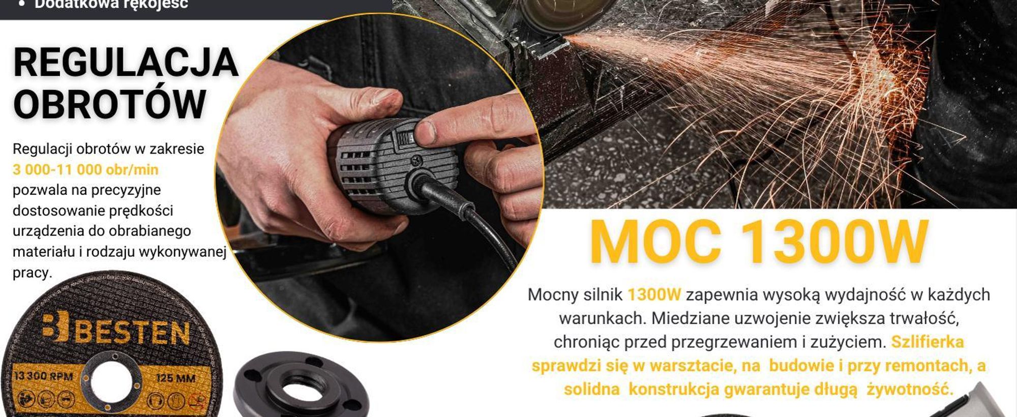 Szlifierka kątowa 125 mm kątówka, diax 1300W, regulacja obrotów, soft start, 10× tarcza