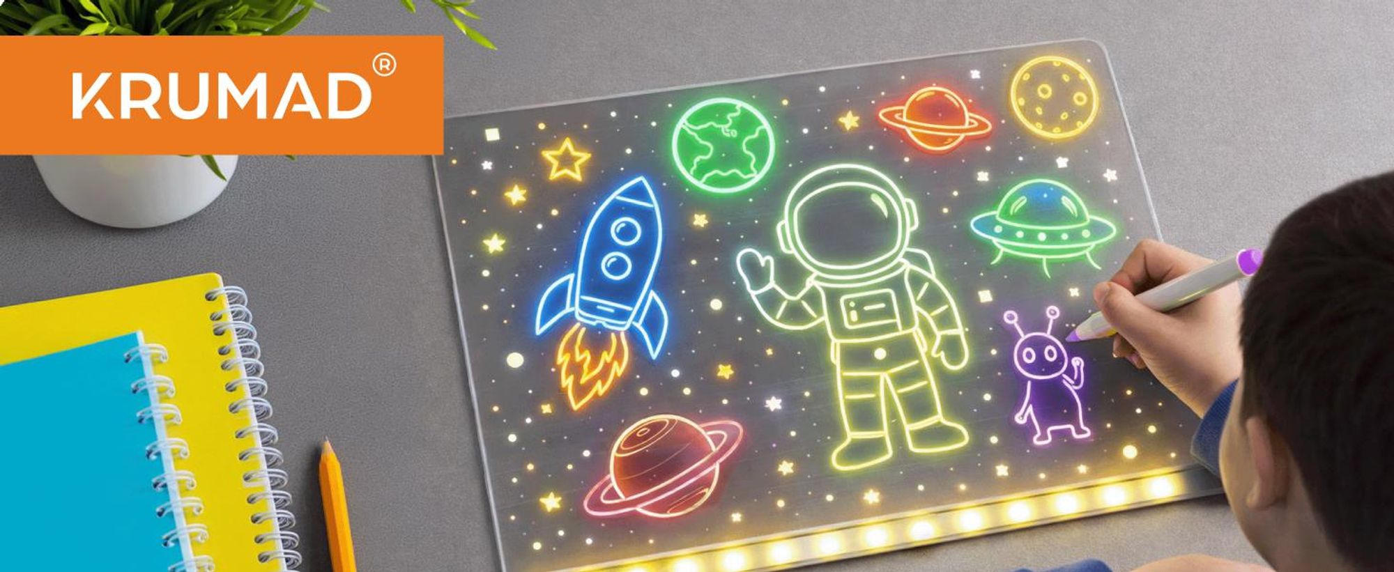 KRUMAD LED Notiztafel 30x20 cm Acryl Transparent mit Farben, Wiederverwendbare Schreibtafel mit USB, Leuchttafel für Notizen Zeichnen Büro