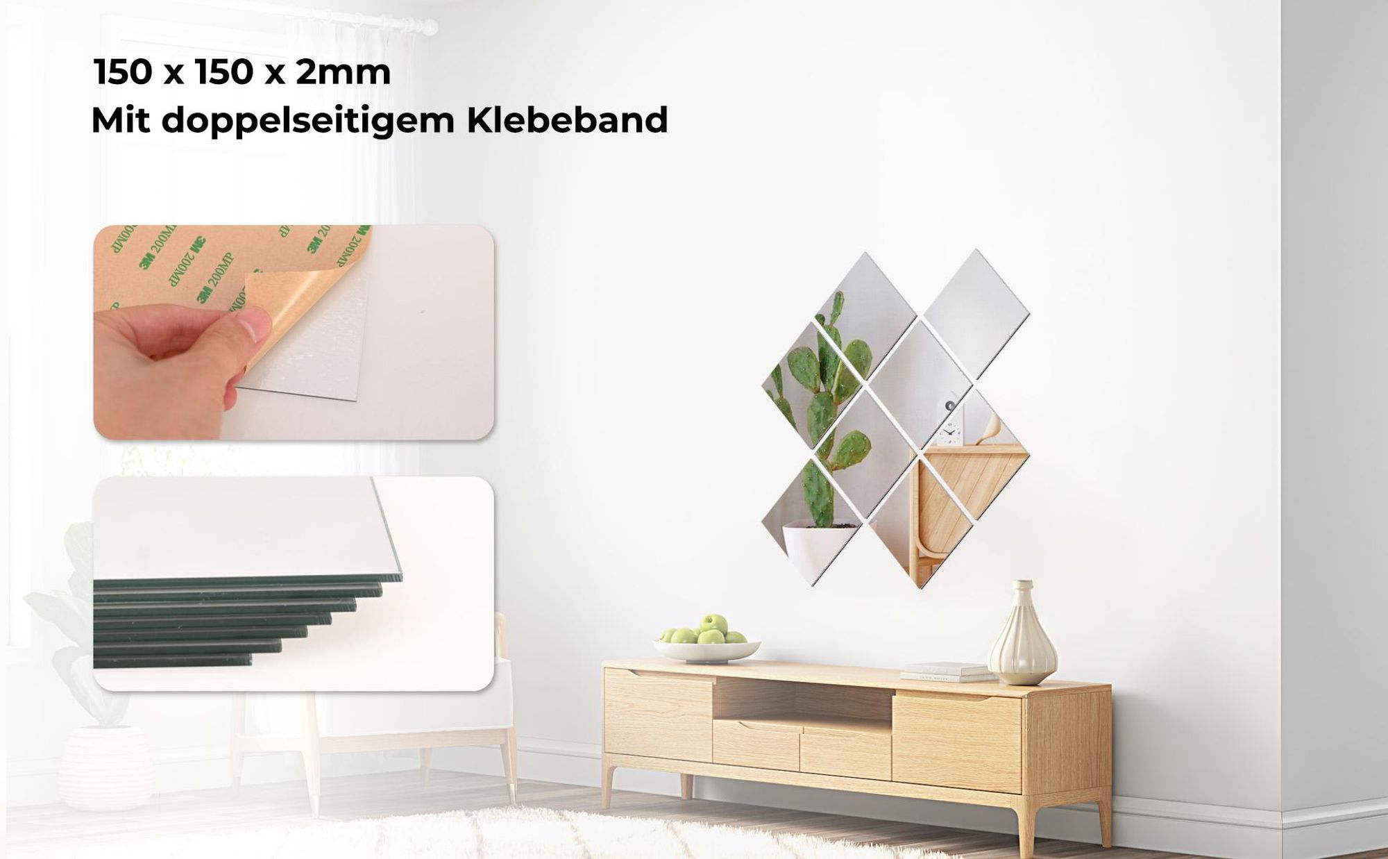 Heilmetz 8er Set Spiegelfliesen selbstklebend 15x15 cm, 2mm Echtglas Spiegelkacheln mit 3M Klebepads, Rahmenloser Wandspiegel für DIY Dekoration