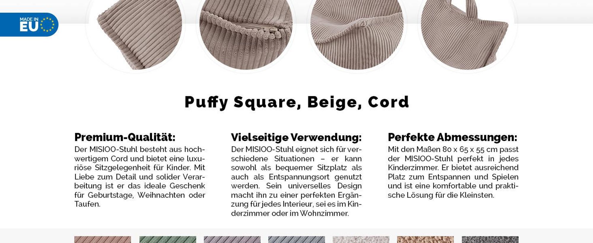 MISIOO Sitzsack Kinder – Großer Sitzsack – Big Bag für Kinder – Cord-Material – 77x67x50 cm – Waschbarer Stoff – Griff für einfaches Tragen – Beige