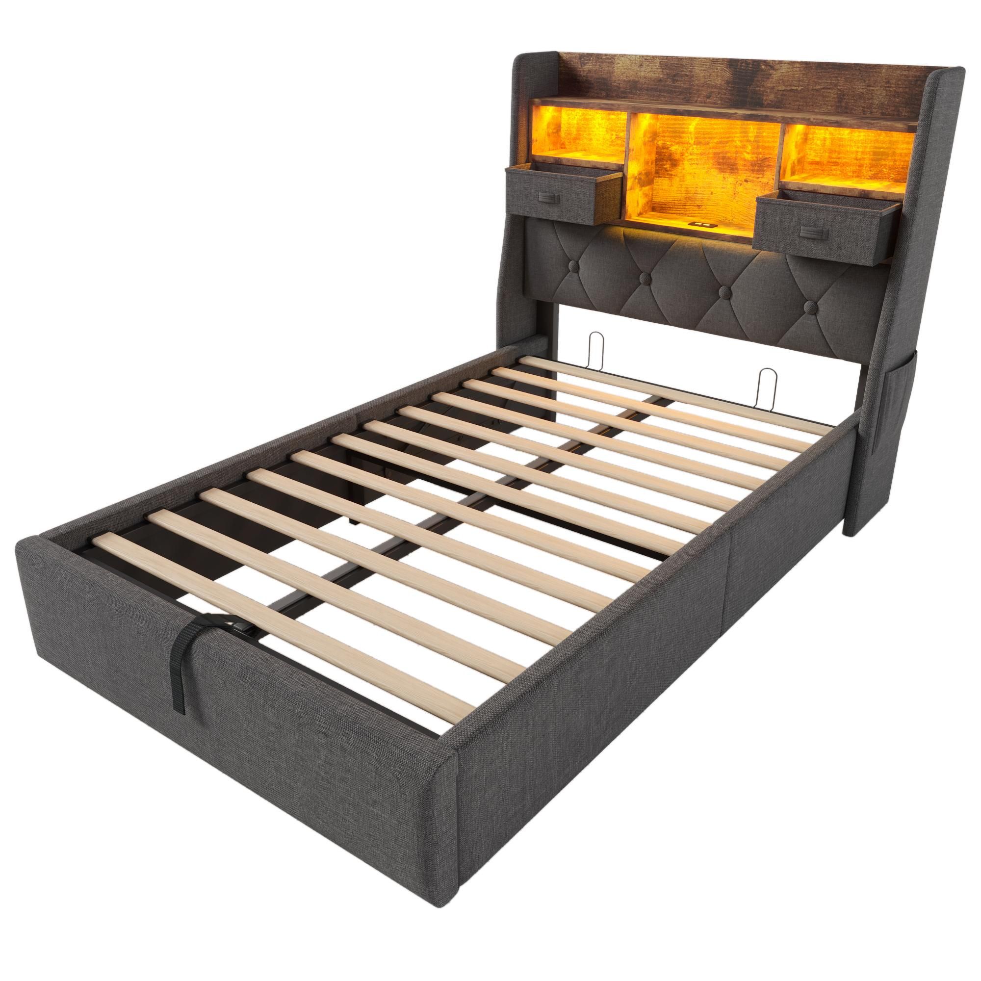 Flieks Hydraulisches Polsterbett 90x200cm mit USb & Type-c, Boxspringbett Einzelbett mit Led, Jugendbett Stauraumbett mit Schubladen, Leinen, Grau