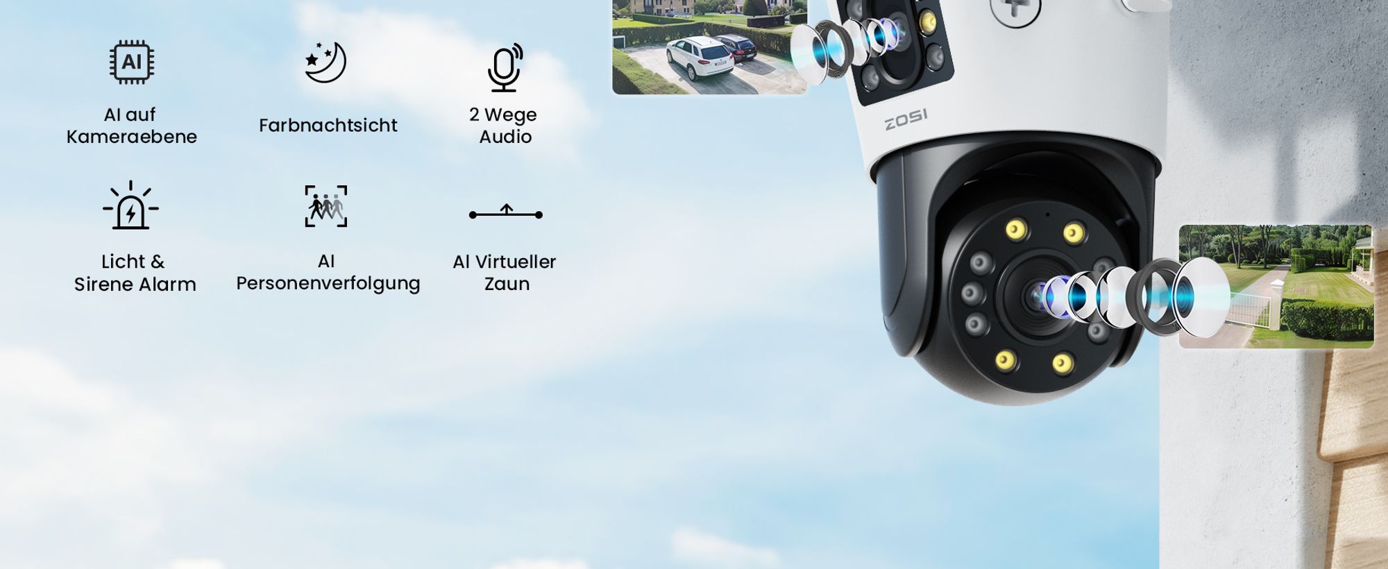 ZOSI 4MP+2MP Aussen WLAN Überwachungskamera mit Doppelobjektiv, 2.4GHz WiFi Pan/Tilt Kamera, 2-Wege-Audio, Personenerkennung und Verfolgung, C298 SE