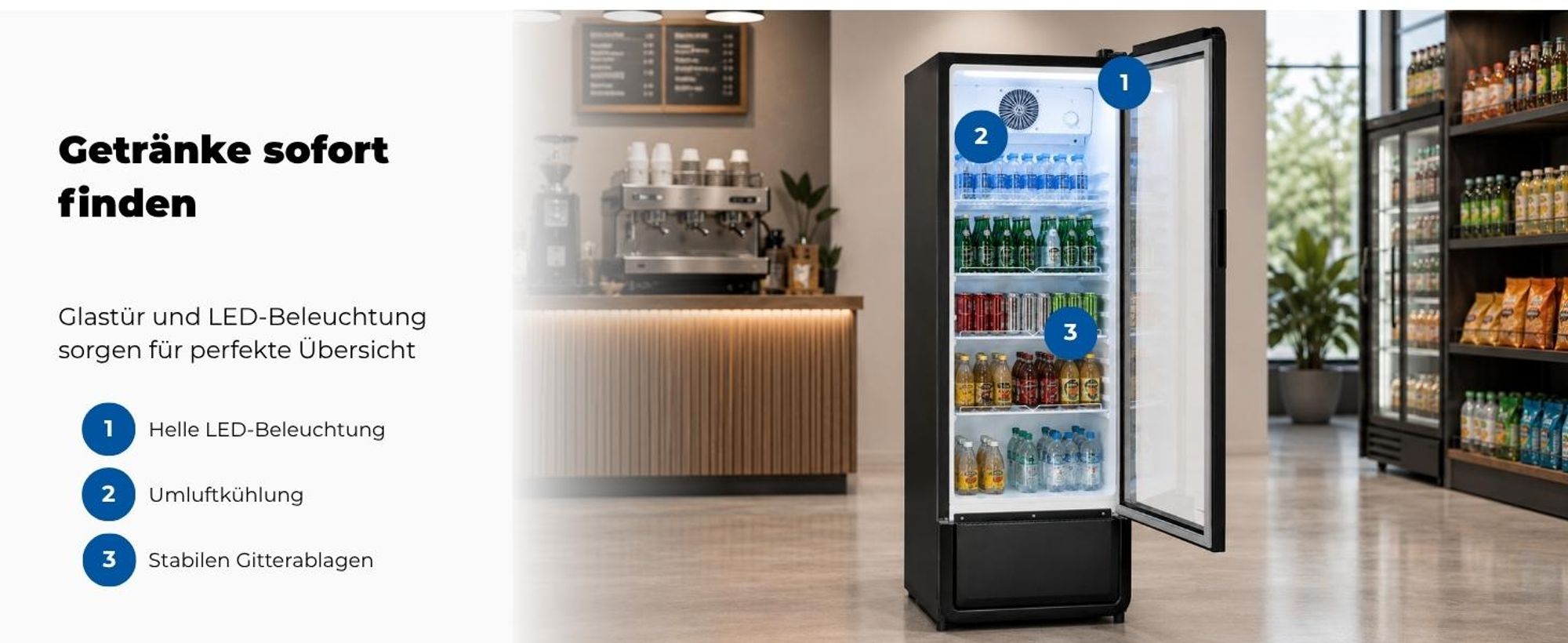Exquisit Glastürkühlschrank, 240l Getränkekühlschrank mit LED, Umluft, 4 verstellbare Ablagen, CoolPro, GKS5220-GT-431D schwarz