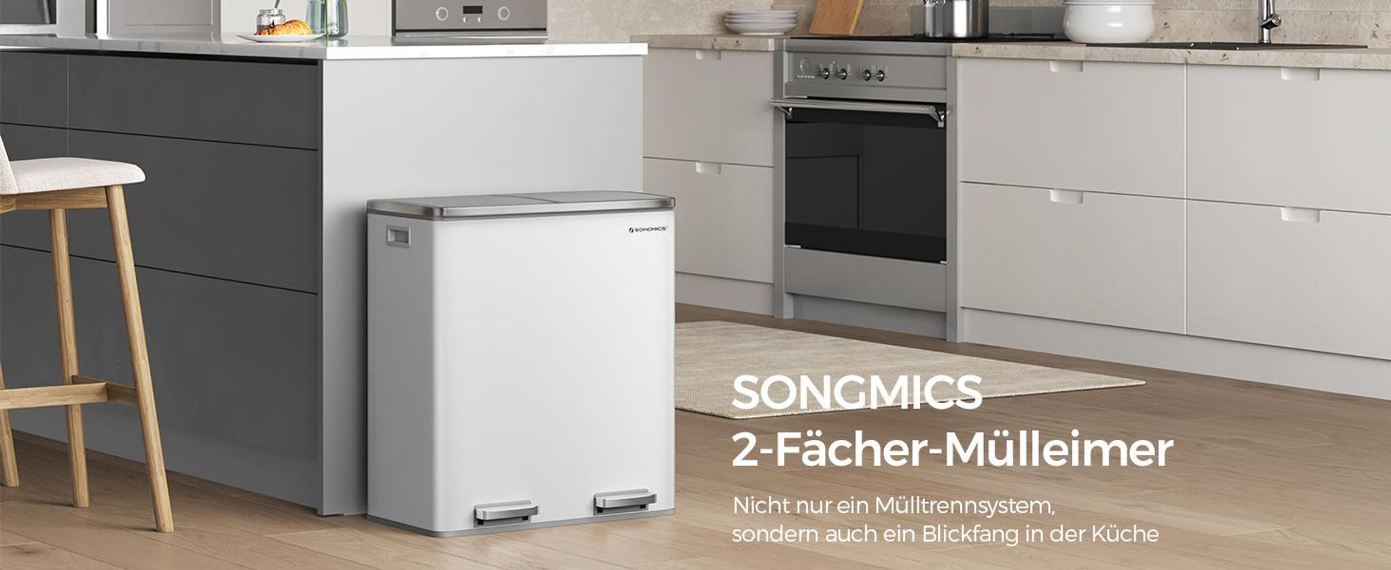 SONGMICS Mülleimer Mülltrennsystem, mit 2 Fächern, 2 x 30 L, Küche