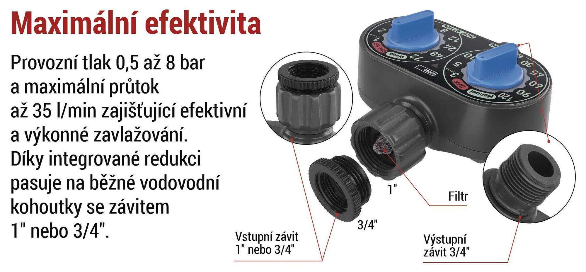 EMOS Mechanické zavlažovací hodiny s 1 výstupem, napájené baterií, do 8 barů, 35 l/min, 3-120 m každých 1-72 h, pro 1″ nebo 3/4″ závit, PW56001