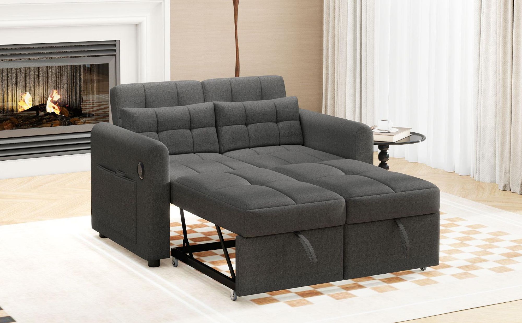 Merax 3-in-1 Schlafsofa – Zweisitzer Sofa mit Schlaffunktion & L-Form – Verstellbare Rückenlehne, USB-Anschluss, Stauraumtaschen – 142 x 85 cm, Grau