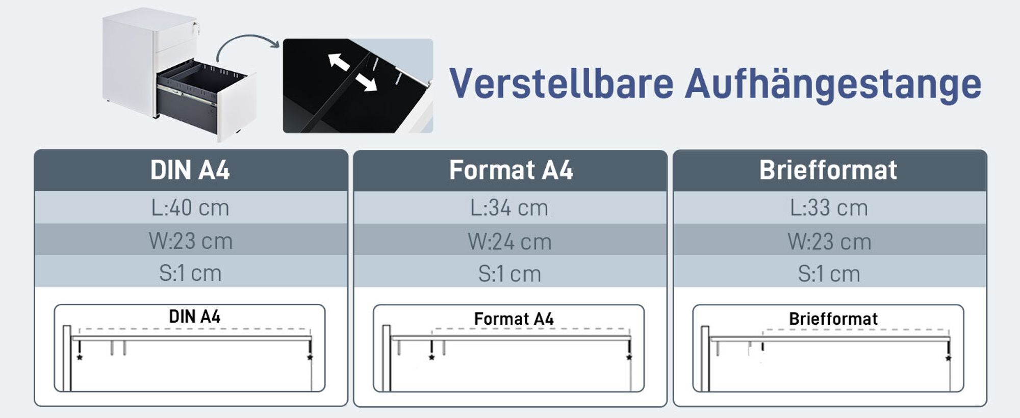 Vinsetto Rollcontainer, mobiler Aktenschrank mit 3 Schubladen, Büroschrank, Aufbewahrung, Stahl, Weiß, 39 x 48 x 59 cm