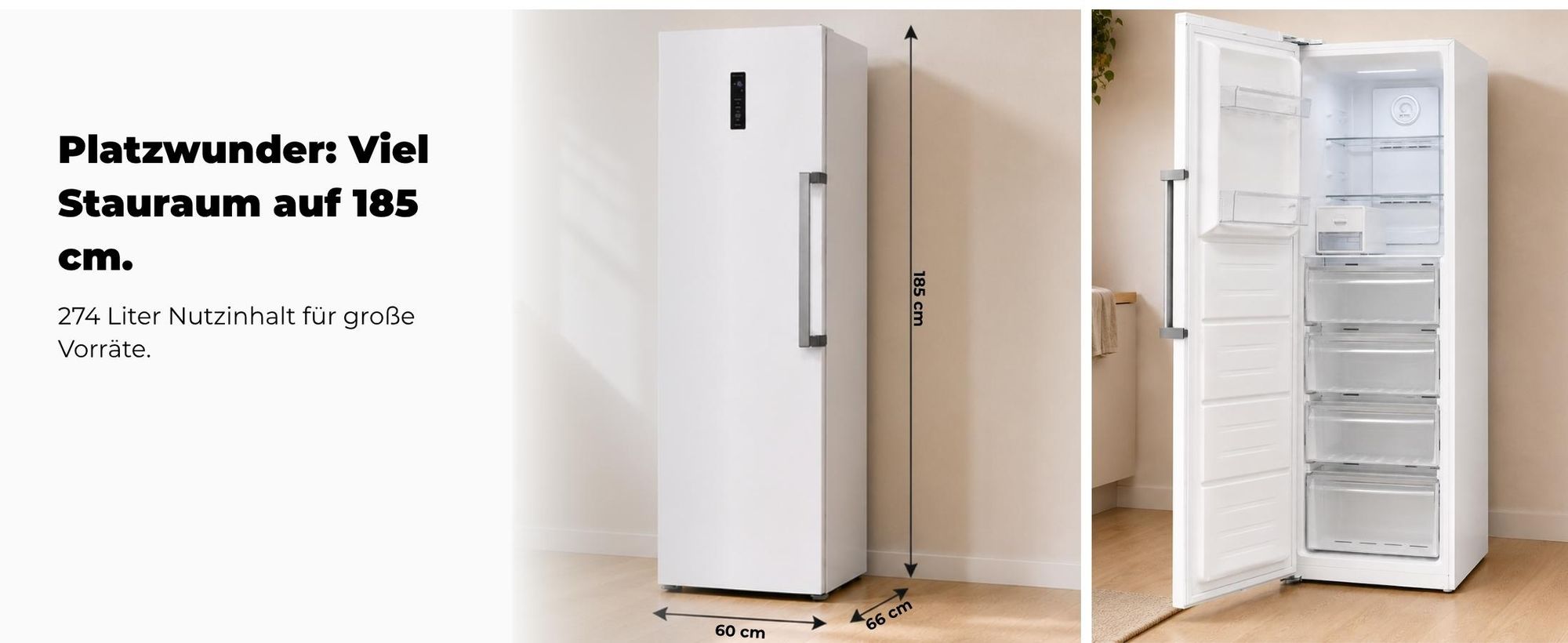 Exquisit Gefrierschrank 274 l No Frost | Energieklasse C | Schnellgefrieren | digitale Temperaturanzeige | leise 39 dB | GS5295-NF-H-040C weiss