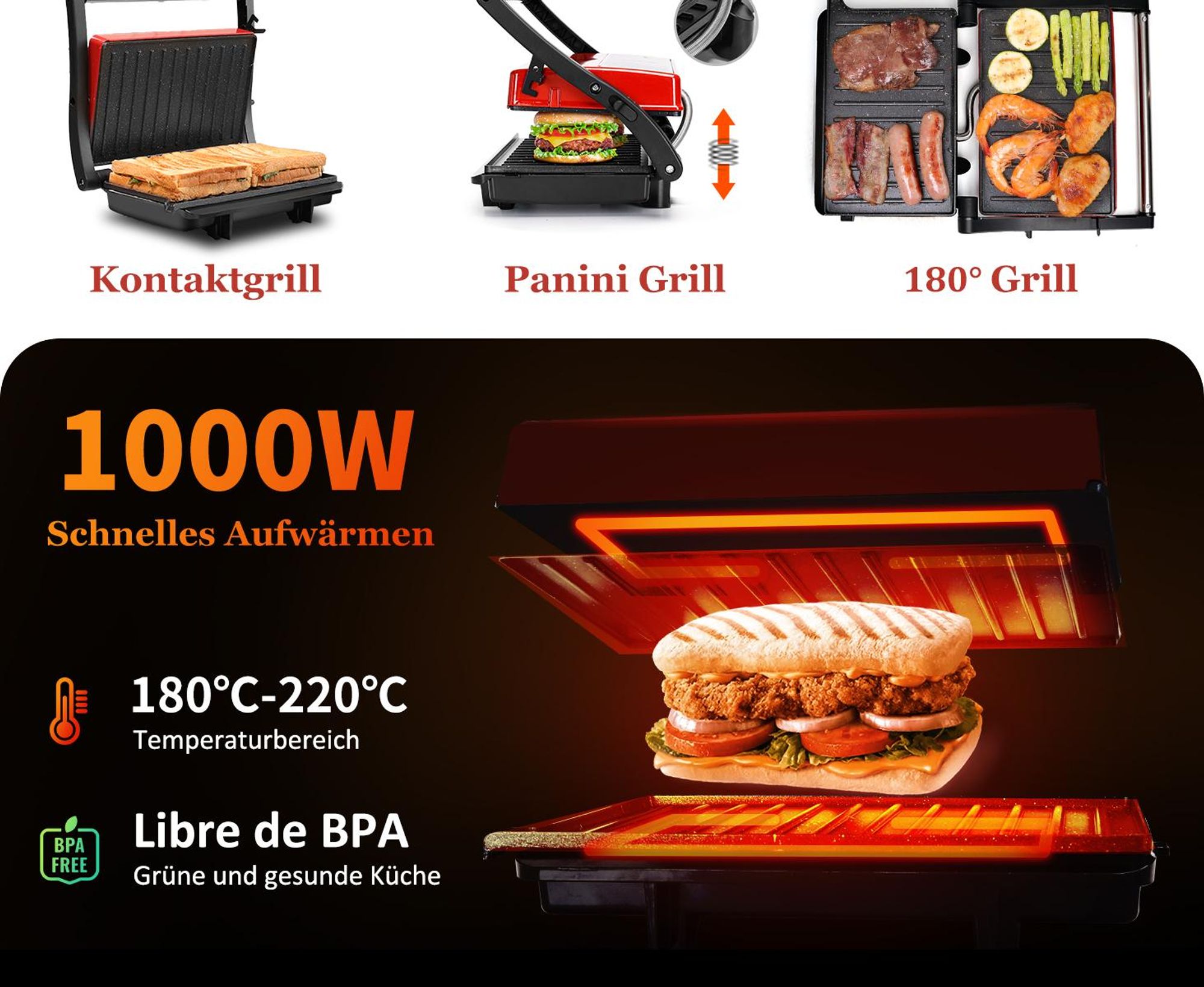Aigostar - Kontaktgrill für Sandwiches, Steak auch als Panini Grill, Antihaftbeschichteter Grill toaster für fettfreies Grillen, 750W