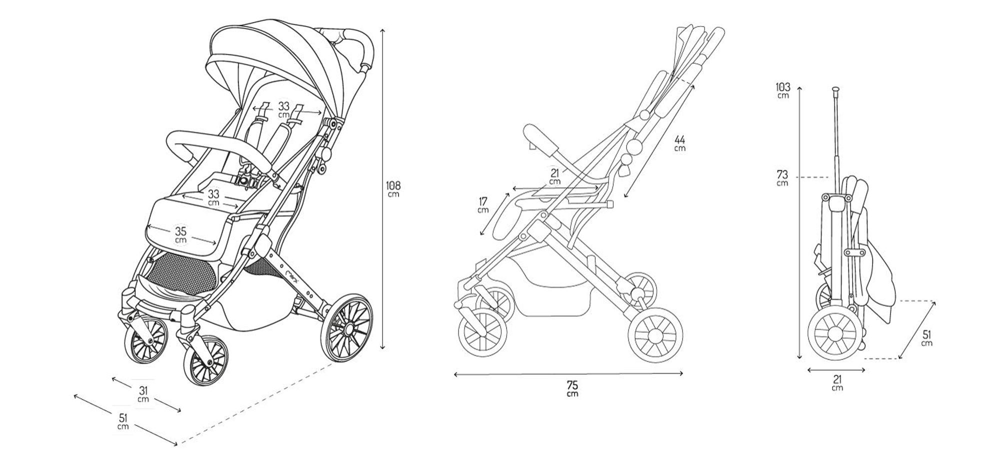 MoMi ESTELLE DAKAR – Ultraleichter Baby Kompaktbuggy mit XL-Rädern, Einhand-Faltung & Trolley-Funktion, inkl. Zubehör, ideal für Reisen – Schwarz/Gold