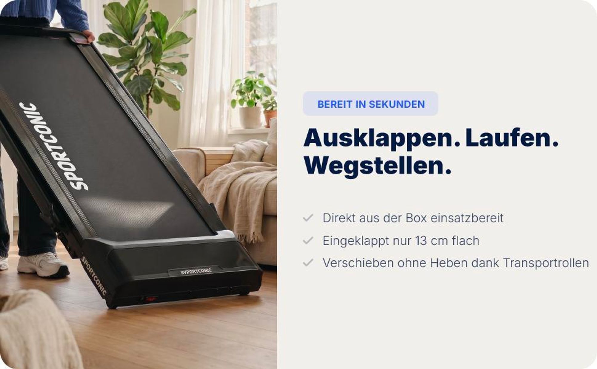 Sportconic Elektisches Laufband bis 12 km/h, Klappbares Walking Pad für Zuhause & Büro, mit 9 % Steigung, LED-Display, Tablet-Halter, Schutzmatte