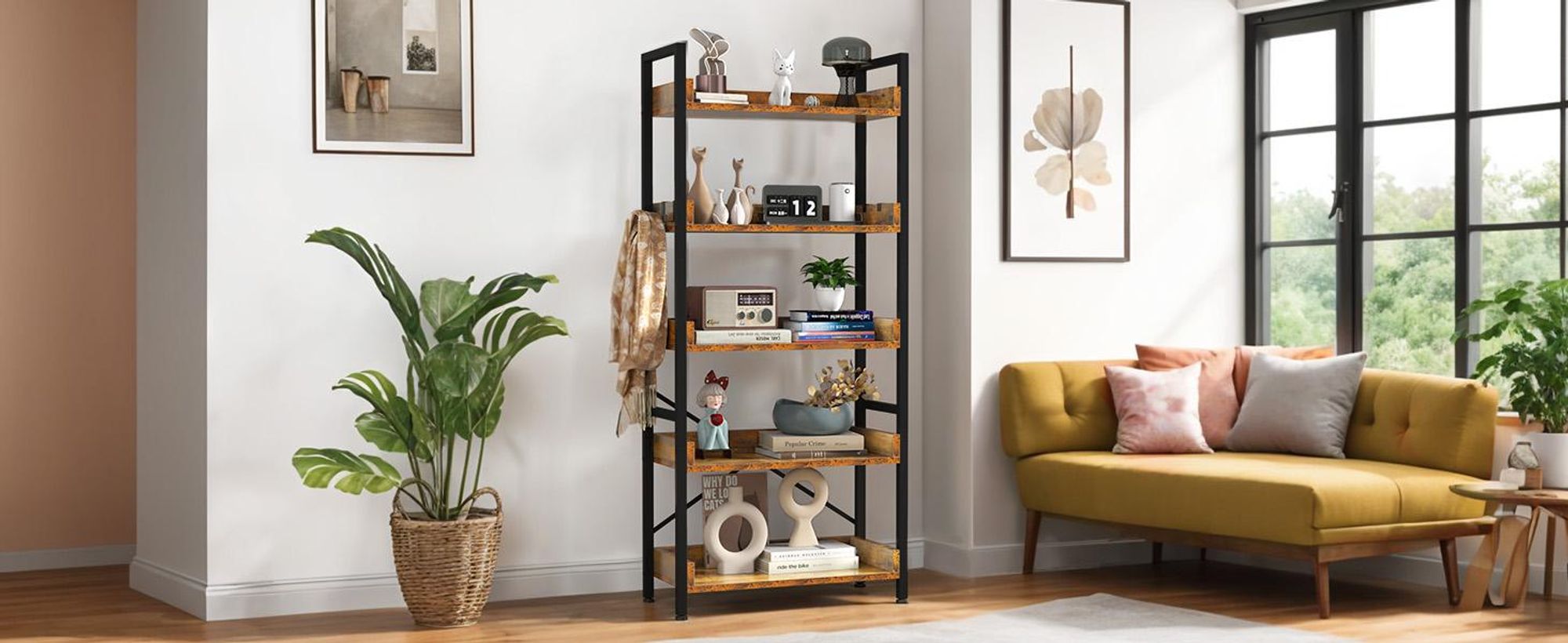 YITAHOME Bücherregal 5 Ebenen, Standregal Freistehend, Holzregal mit Stahlrahmen & 4 Haken, 64 × 30 × 158 cm, Vintagebraun