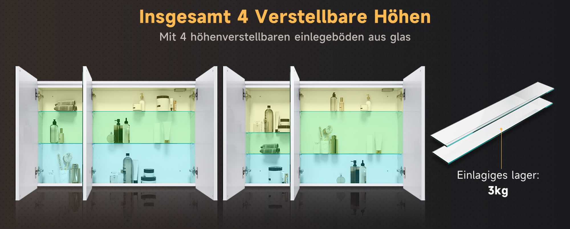 SONNI Metall Spiegelschrank mit 3-Farben LED Beleuchtung 90x60x14 cm,Dimmbar Dual-Touch-Schalter,3 Türig,Kabellose Scharnierkonstruktion Wandschrank