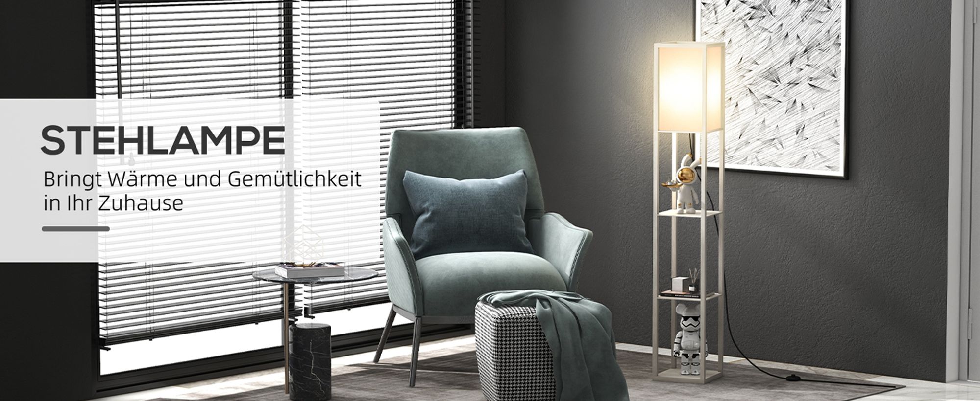HOMCOM Stehleuchte Beleuchtung mit 3 Regalen E27 bis 40W E1-MDF Eiche+Weiß