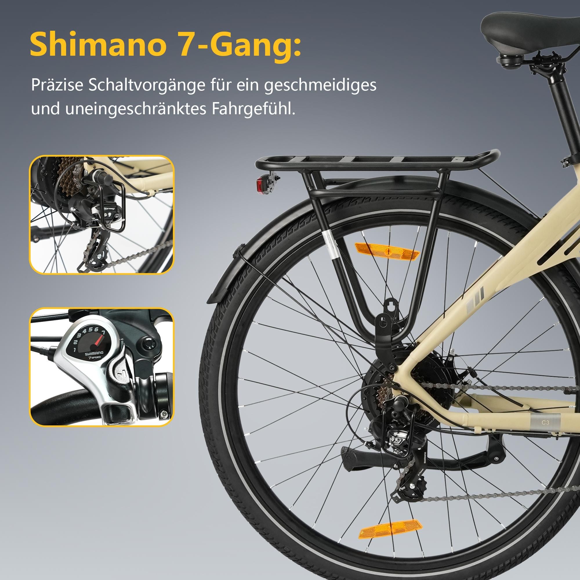 28'' 18Ah Pre-mium Elektrofahrrad E-Bike Pedelec Unisex 7Gang E-MTB E-Citybike, Elektrofahrrad 25KM/H für Damen und Herren ab 170 cm Wasserdicht Gelb