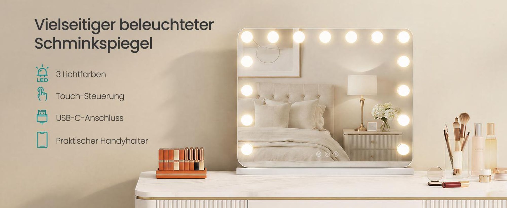SONGMICS Kosmetikspiegel mit Beleuchtung, 15 LEDs, Dimmbar, 3 Lichtfarben, 48 x 58 x 5,7 cm, Weiß
