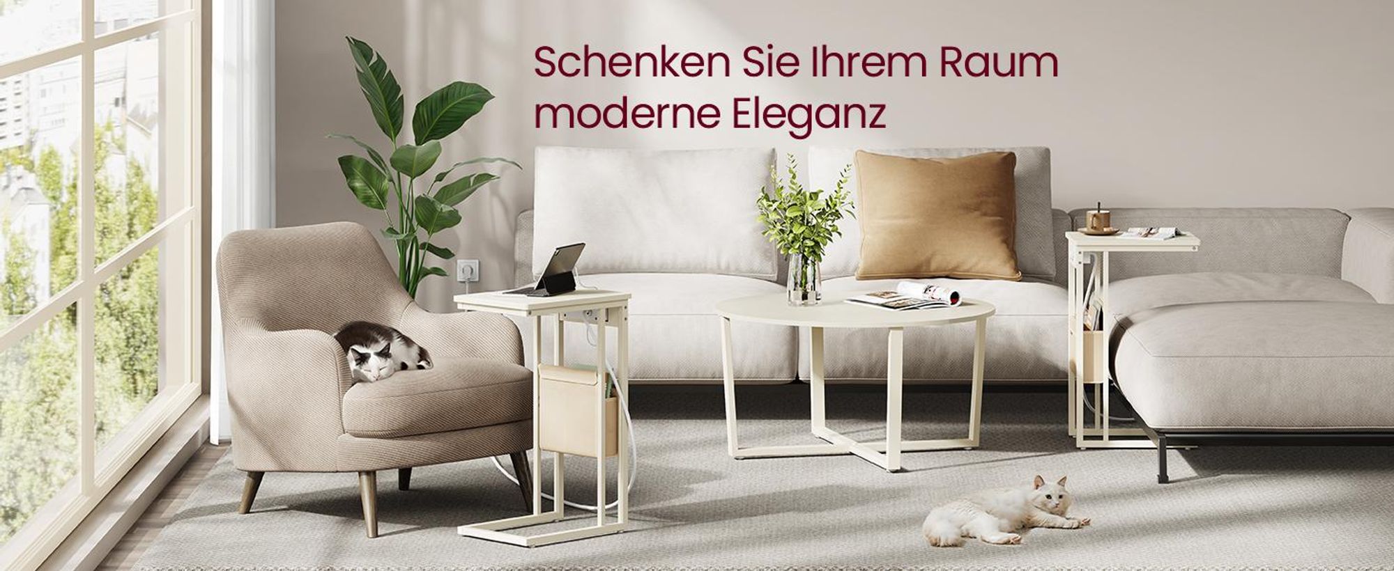 VASAGLE Beistelltisch mit Steckdosen, C Form für kleine Räume, 2 USB-Anschlüsse
