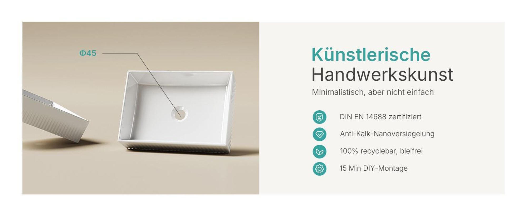 EMKE Aufsatzwaschbecken Keramik Rechteckig 450x320mm Weiß Glänzend Elegantes Design Waschbecken für moderne Badezimmer & Gäste-WC
