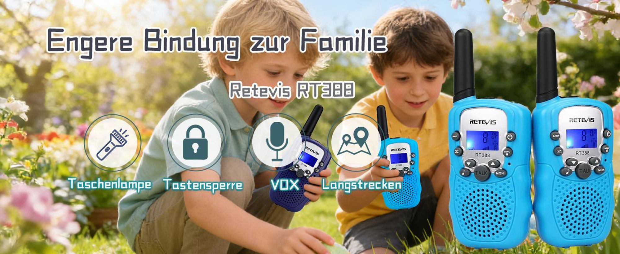 Retevis RT388 Walkie Talkie Kinder, Spielzeug ab 4-12 Jahre, Funkgeräte mit Taschenlampe VOX, Ostergeschenke für Kinder, für Camping Spielen Reise