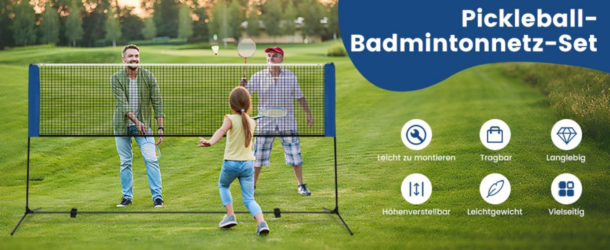 COSTWAY Badmintonnetz Outdoor, Federballnetz höhenverstellbar mit 2 Federbällen & Tragetasche, Badminton Set tragbar mit Netz