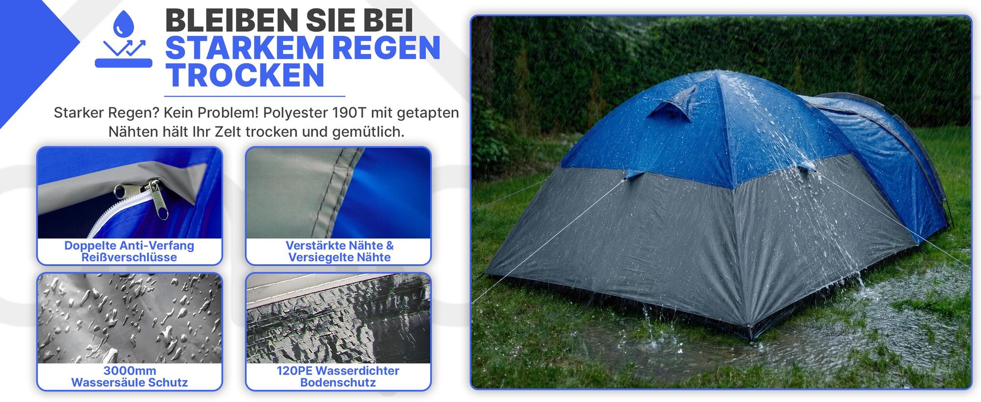 3-Personen Campingzelt Iglu – wasserdicht 3000 mm – mit Vorraum und Moskitonetz – Grau/Blau