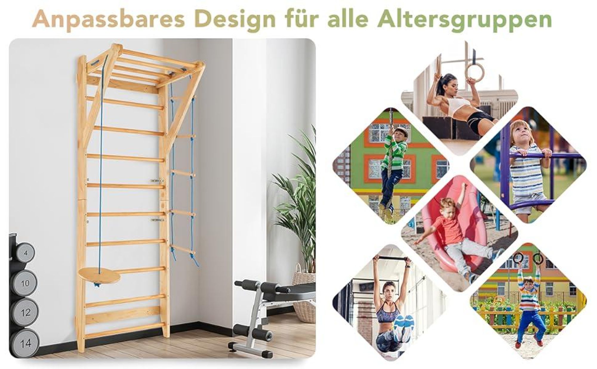 COSTWAY Sprossenwand, Kletterwand aus Holz, Klettergerüst Indoor, Turnwand Outdoor Turnwand, Gym Sportgerät, Tragfähigkeit von 100 kg