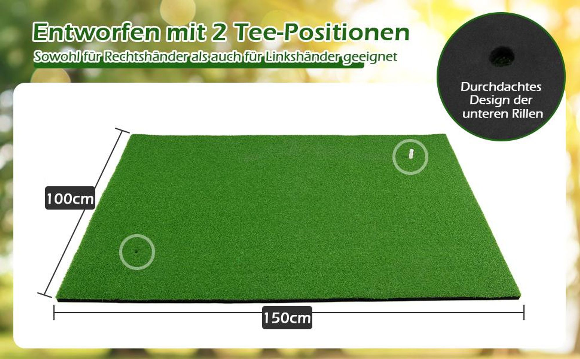 COSTWAY 150 x 100cm 16mm Golf Abschlagmatte, Golf Übungsmatte inkl. 3 Gummi-Tees, Kunstrasen GOLF Schlagmatte, Putting-Matte, Abschlagmatte