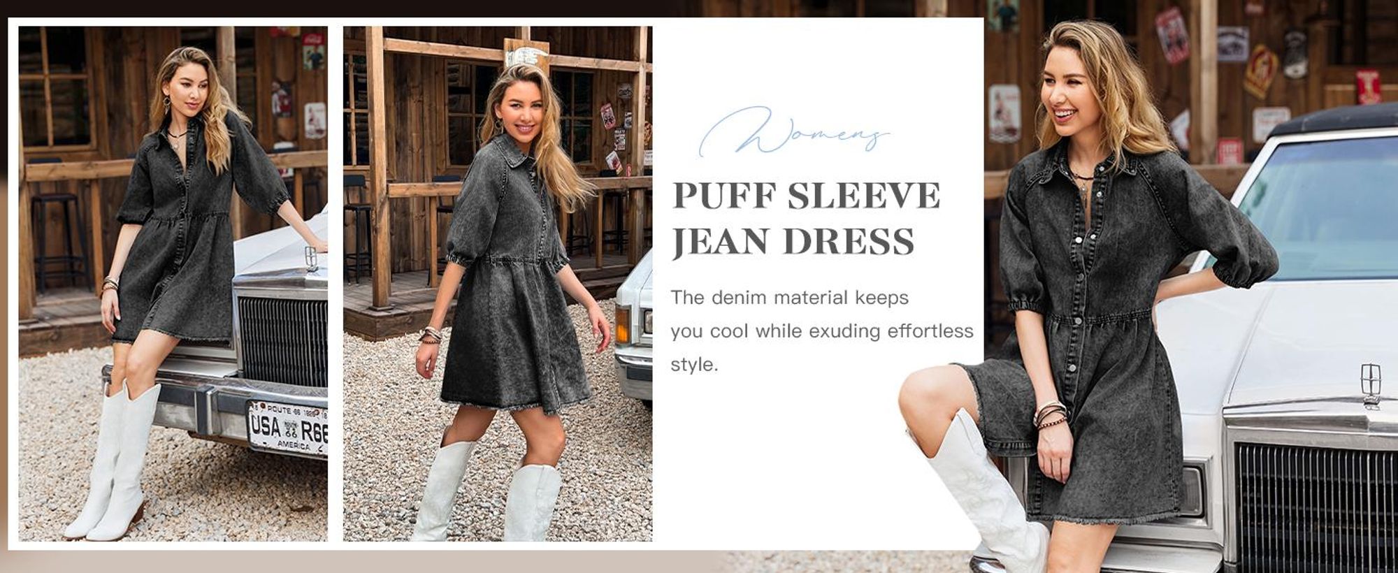 Damenkleider, Babydoll-Kleider, fließende Jeanskleider mit Puffärmeln
