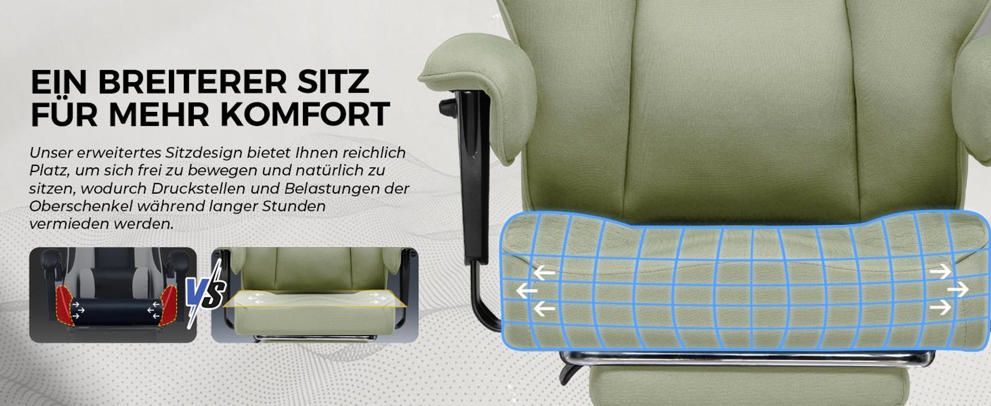 GTPLAYER Gaming Stuhl, breiter Bürostuhl aus Hochwertigem Stoff, Ergonomischer PC-Stuhl, Verstellbarer und Drehbarer Schreibtischstuhl mit Fußstütze