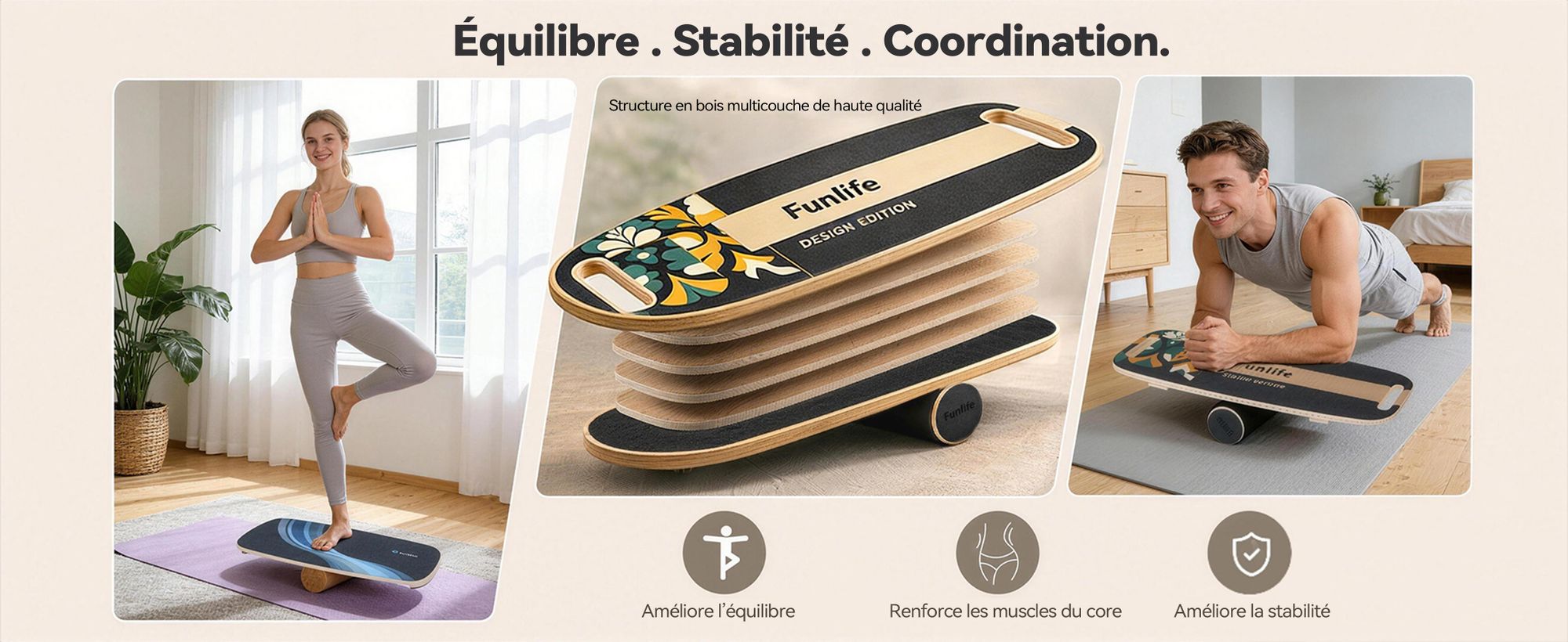FunLife MOVE Balance Board en bois avec roulette – Appareil d'entraînement à l'équilibre professionnel avec système d'équilibre à 3 niveaux, renforcement musculaire, fitness et stabilité, jusqu'à 150 kg