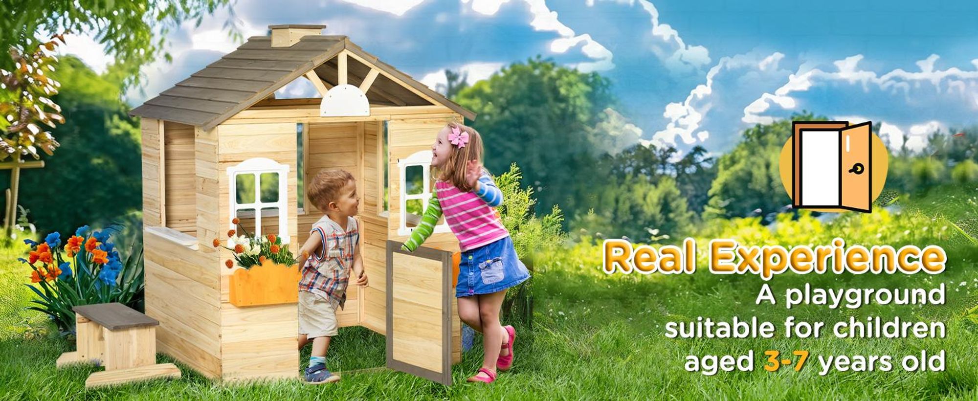 Domek zabaw Outsunny dla dzieci, drewniany domek dla dzieci z okienkiem, skrzynką na listy, ogrodowy domek do zabawy z wieszakiem na doniczki, drewniany domek do zabawy dla dzieci w wieku 3-7 lat, drewno jodłowe, naturalne, 113 x 94 x 134,5 cm